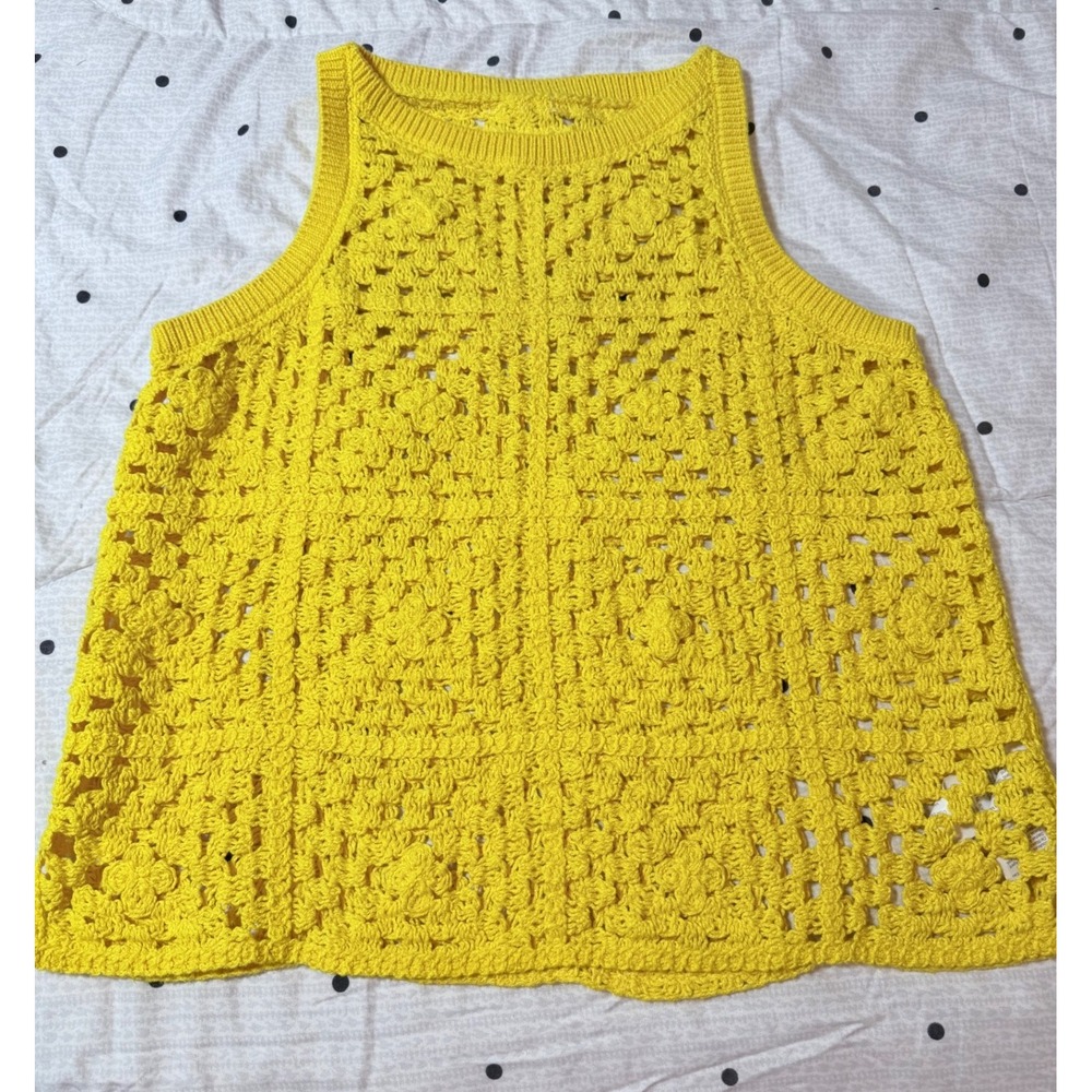 J.Crew Yellow‎ Crochet Sweater Tank Top Floral Granny Square Cotton  Small